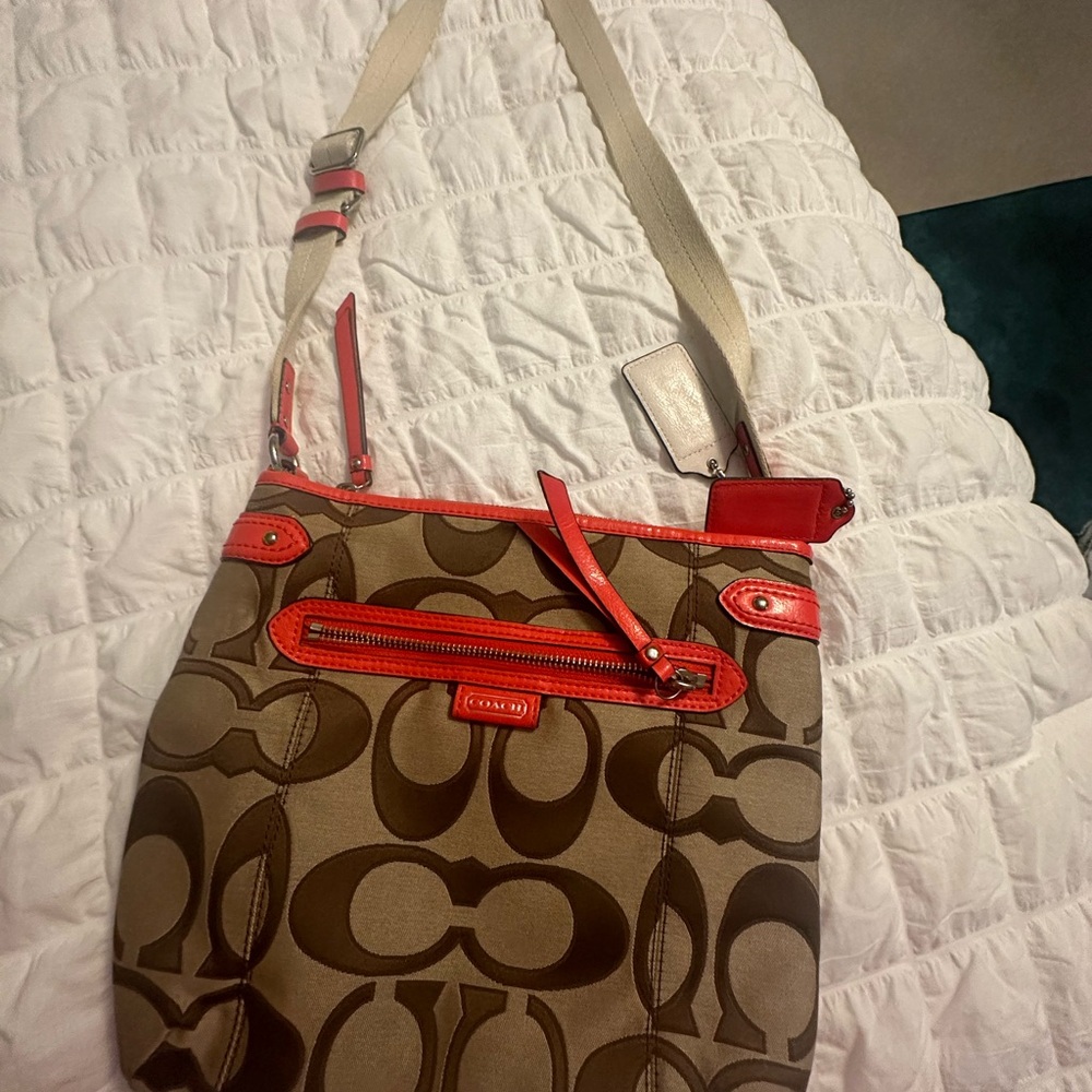 Coach Brown and Red Crossbody Bag with Signature Print - Like New